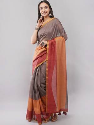 Grey linen woven design saree with blouse 3