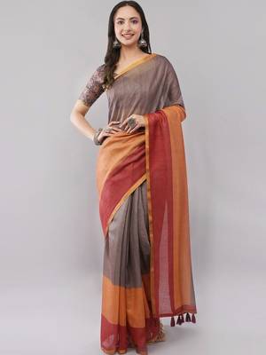 Grey linen woven design saree with blouse 4