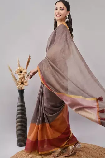 Grey linen woven design saree with blouse