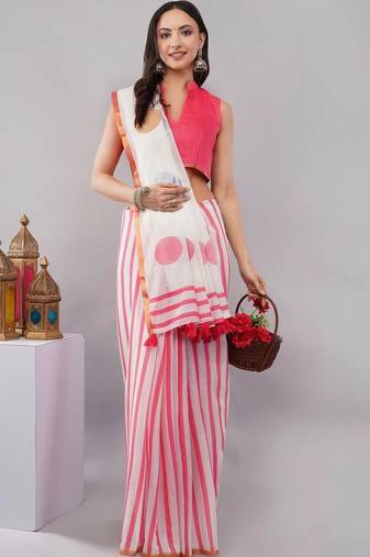 White linen colourblocked saree with blouse
