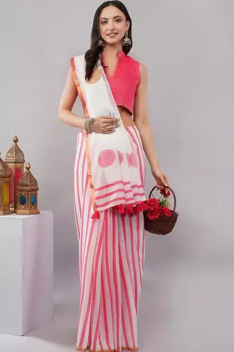 White linen colourblocked saree with blouse