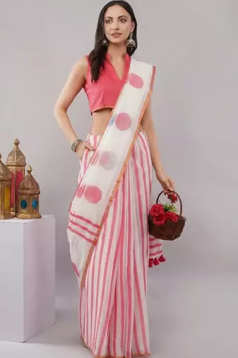 White linen colourblocked saree with blouse