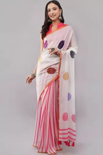 White linen colourblocked saree with blouse