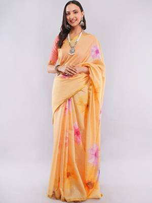 Peach linen printed saree with blouse 1