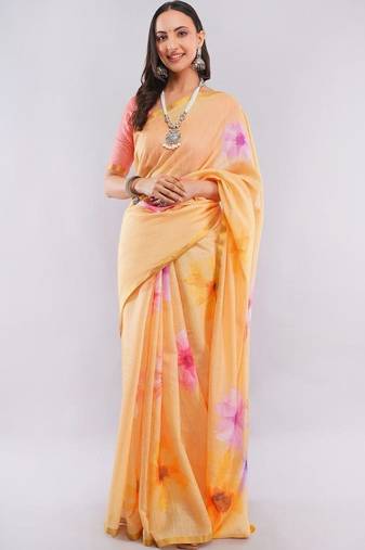 Peach linen printed saree with blouse