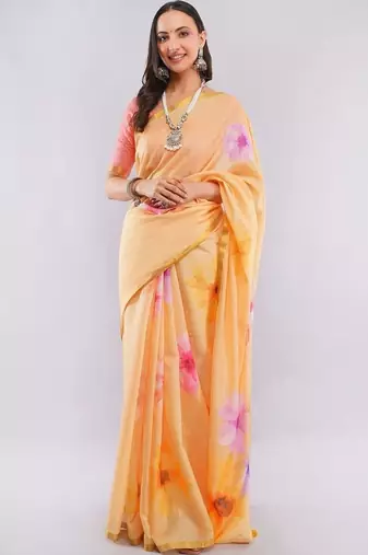 Peach linen printed saree with blouse
