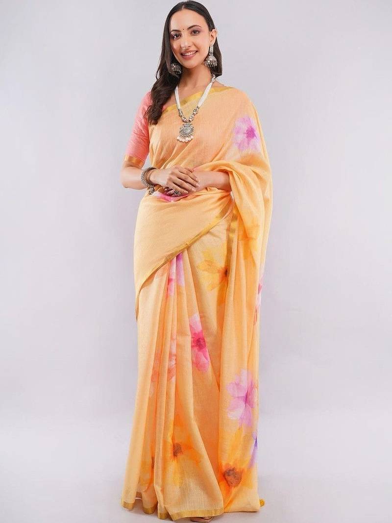 Peach linen printed saree with blouse