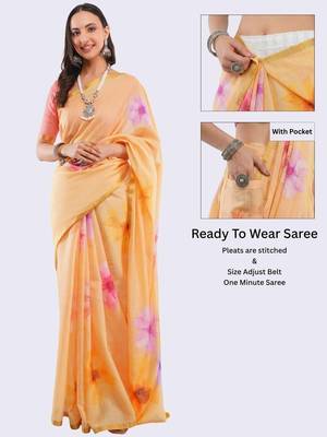 Peach linen printed saree with blouse 2