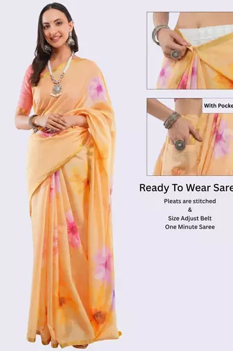 Peach linen printed saree with blouse