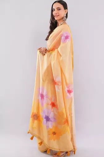 Peach linen printed saree with blouse