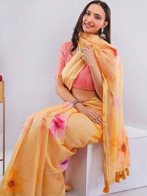 Peach linen printed saree with blouse 5