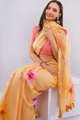 Peach linen printed saree with blouse