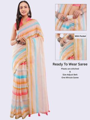 Off white linen striped saree with blouse 1