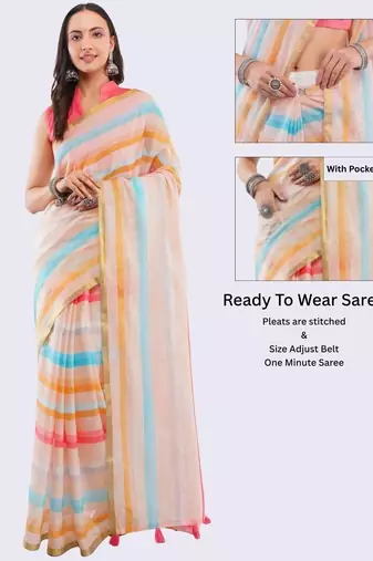 Off white linen striped saree with blouse