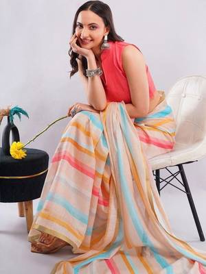 Off white linen striped saree with blouse 2