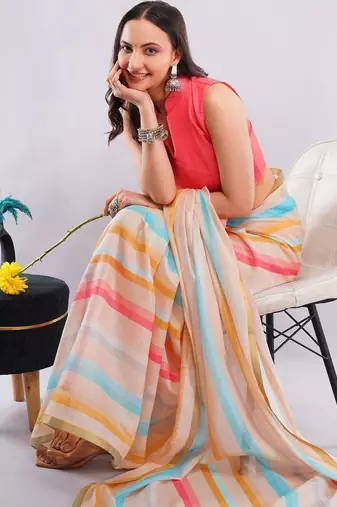 Off white linen striped saree with blouse