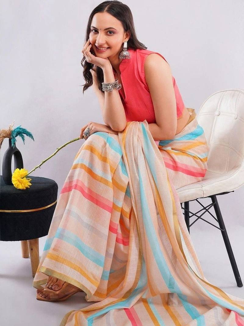 Off white linen striped saree with blouse