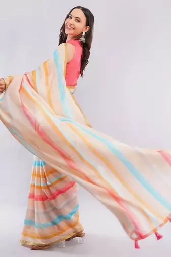 Off white linen striped saree with blouse