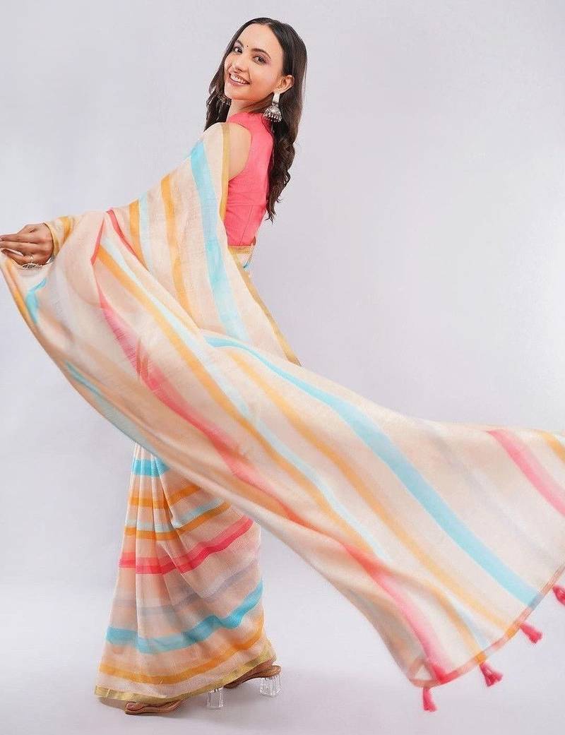 Off white linen striped saree with blouse