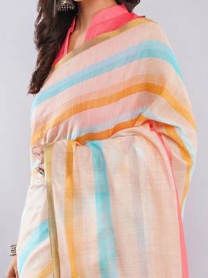 Off white linen striped saree with blouse 4