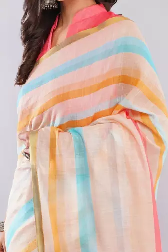 Off white linen striped saree with blouse