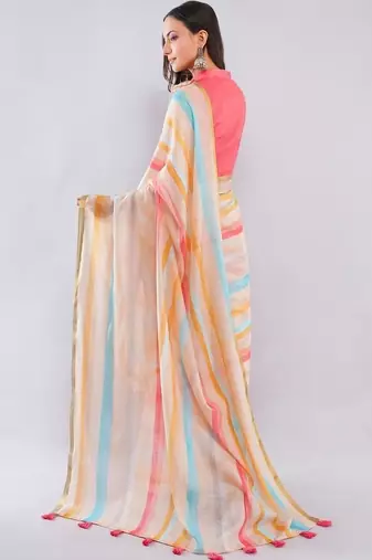 Off white linen striped saree with blouse