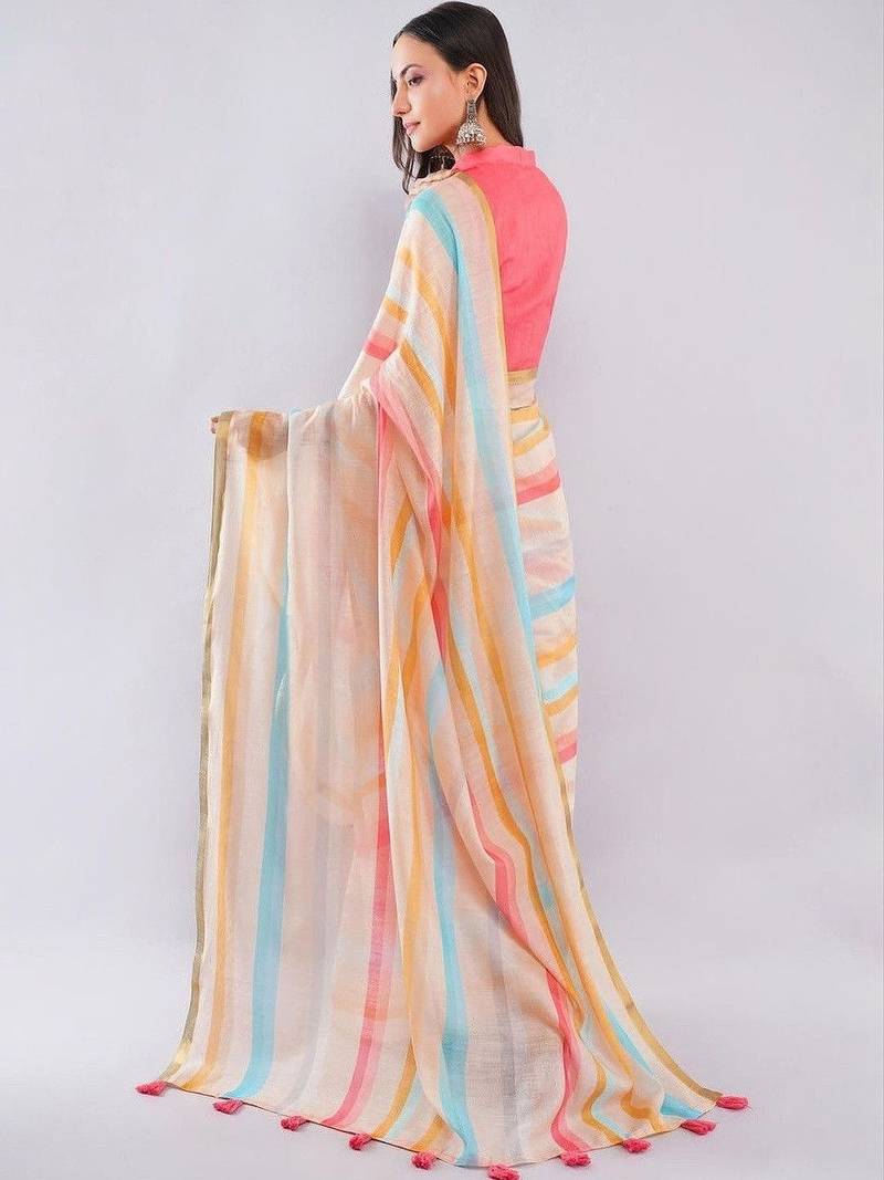 Off white linen striped saree with blouse