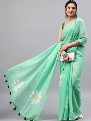 Sea green linen printed saree with blouse 1