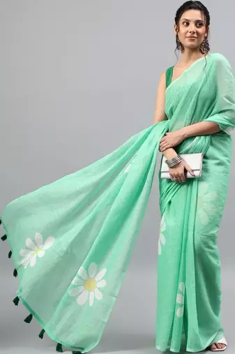 Sea green linen printed saree with blouse