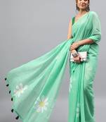 Sea green linen printed saree with blouse