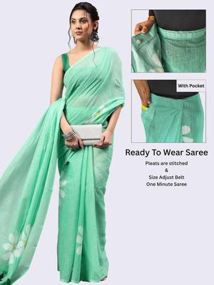 Sea green linen printed saree with blouse 2