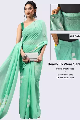 Sea green linen printed saree with blouse