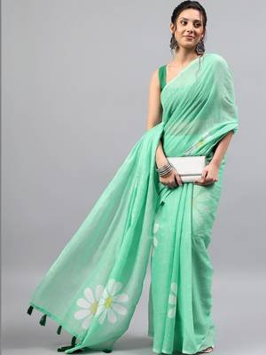 Sea green linen printed saree with blouse 3