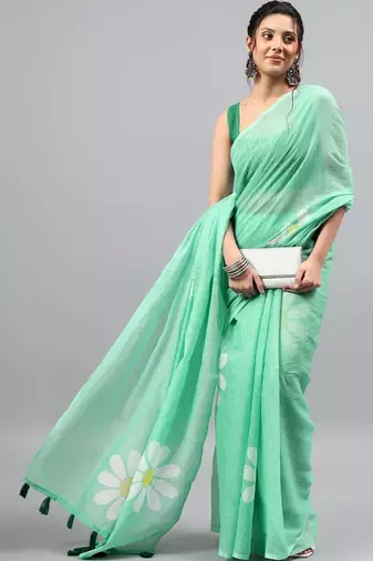 Sea green linen printed saree with blouse