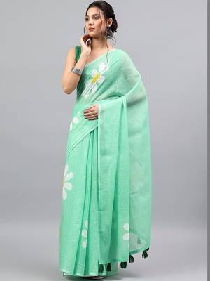 Sea green linen printed saree with blouse 4