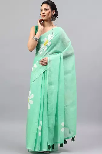 Sea green linen printed saree with blouse