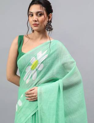 Sea green linen printed saree with blouse 5