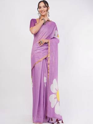 Lavender linen printed saree with blouse 1