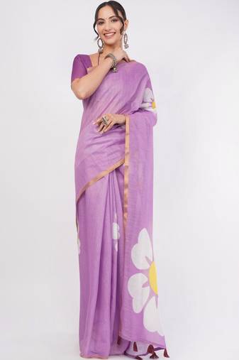 Lavender linen printed saree with blouse