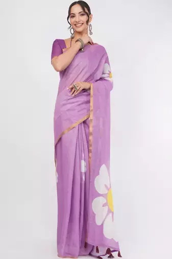 Lavender linen printed saree with blouse