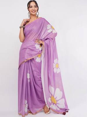 Lavender linen printed saree with blouse 3