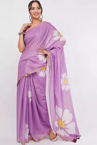 Lavender linen printed saree with blouse