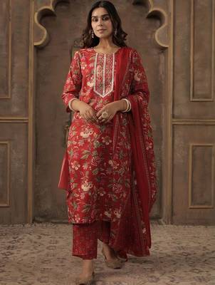 Floral Printed Round Neck Straight Kurta With Trousers & Dupatta 2
