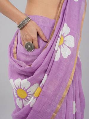 Lavender linen printed saree with blouse 4