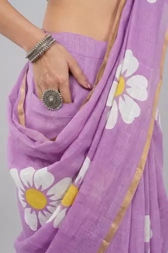 Lavender linen printed saree with blouse