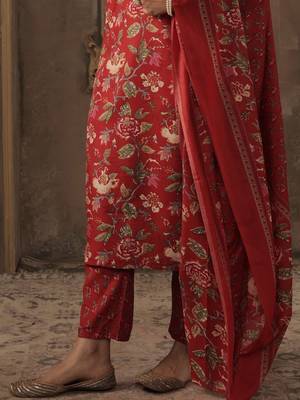 Floral Printed Round Neck Straight Kurta With Trousers & Dupatta 6