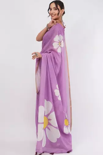 Lavender linen printed saree with blouse
