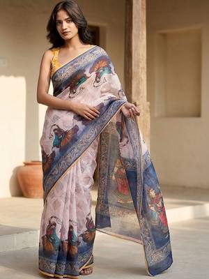 Off white linen printed saree with blouse 1
