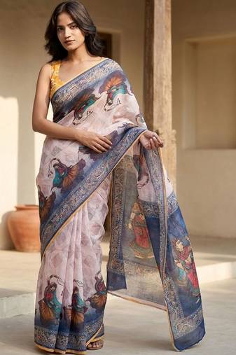 Off white linen printed saree with blouse