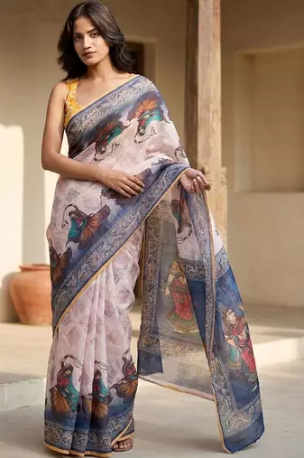 Off white linen printed saree with blouse
